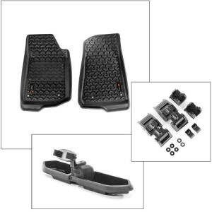 Rugged Ridge Front Floor Liners Hood Catches and Dash Multi-Mount Package 202...